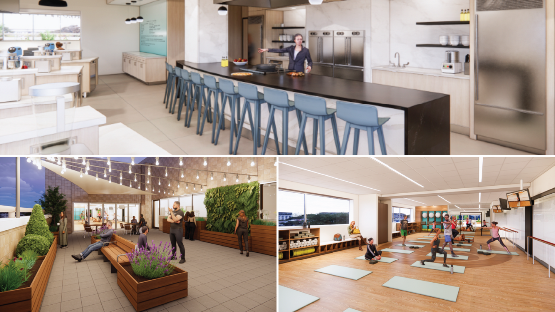 renderings of new community learning kitchen and mind-body wellness spaces