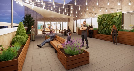 Rooftop Healing Garden Evening rendering of rooftop garden on fifth floor of blood cancer healing center