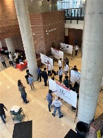 A downward view of five poster board hangers with academic research posters displayed on them. Groups of people stand around the posters in discussion.