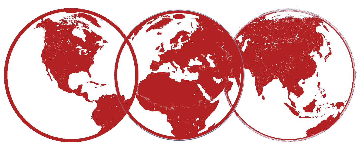 Three two-dimensional images of the earth together showing many of the land masses
